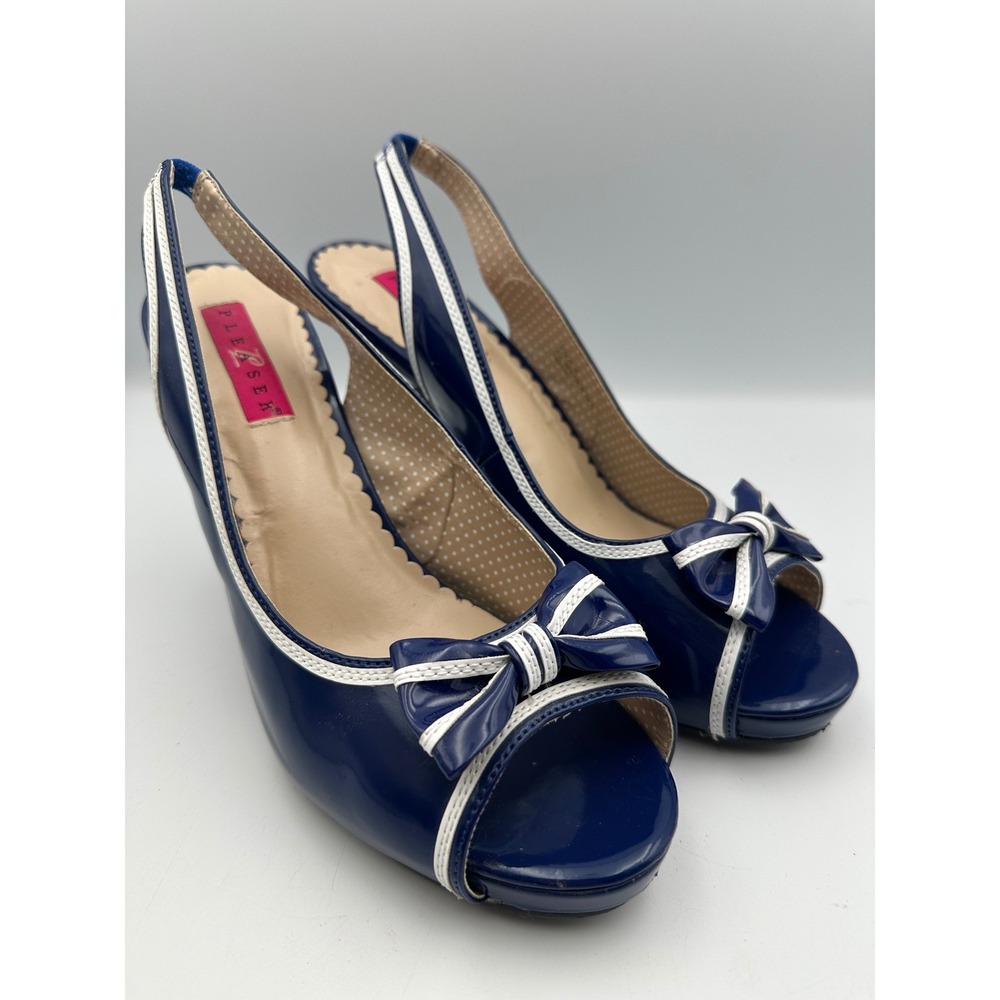 Pleaser Pinup Pumps 10 Navy Blue White Bow Slingback Peep Toe Heel Betty Boop